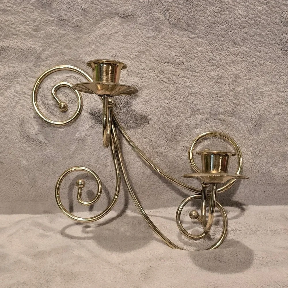 Vintage Gold Scroll Metal Double Taper Candle Holder Candelabra Ornate Swirl